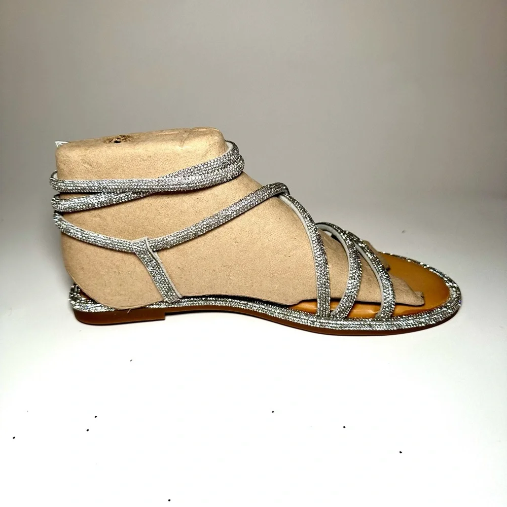 Gianni Bini Beige Suede Gladiator Sandals with Silver Glitter Straps